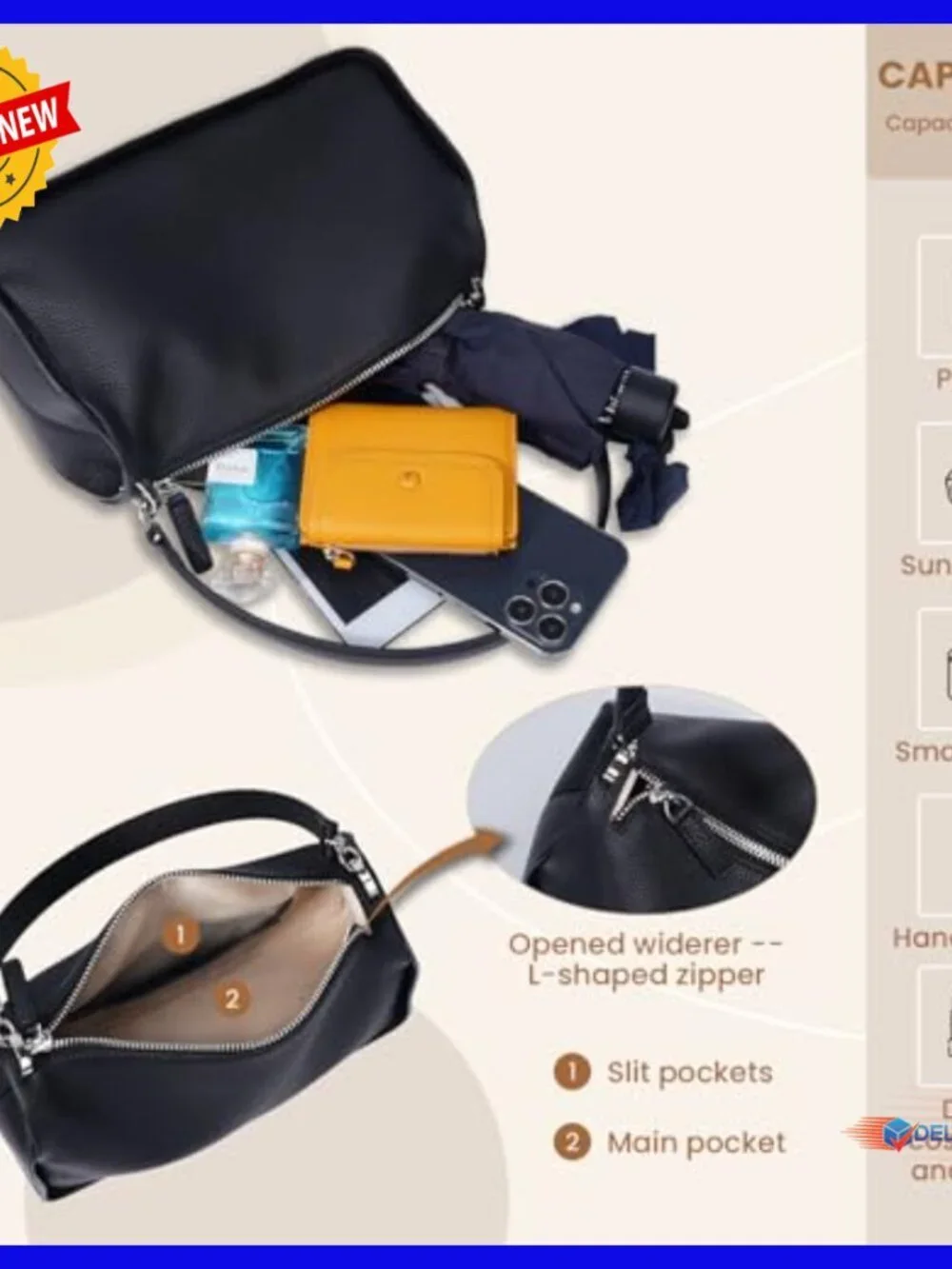 Full-Grain Leather Hobo Crossbody Bag Adjustable Strap Women's Handbag